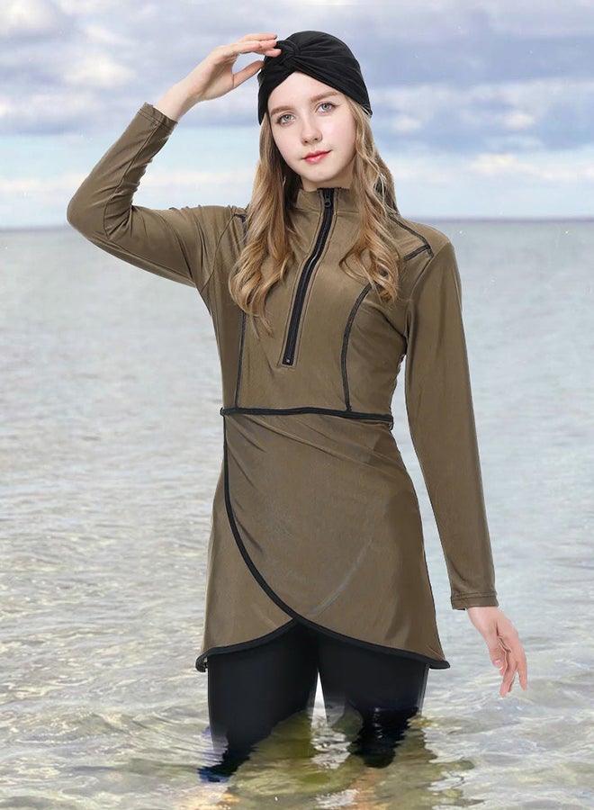 MARGOUN Women Large Size Muslim Swimming Costume for Women 3 Piece Full Coverage Zipper Front Swimwear Islamic Rash Guard Brown - Image 3