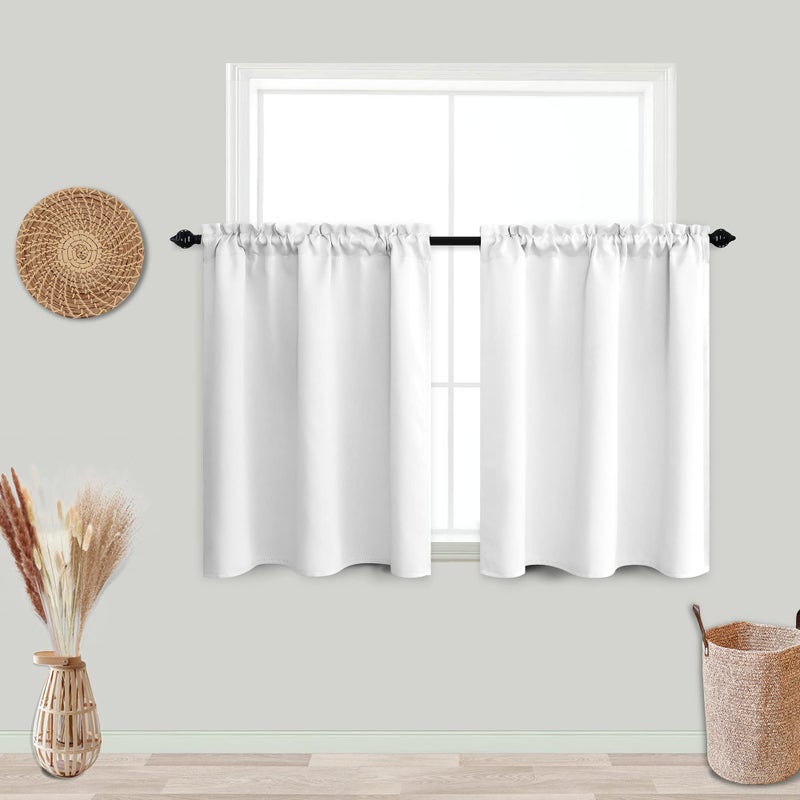 KOUFALL White Curtains for Small Bathroom Window 50% Blackout Short Curtains for Bedroom 24 x 30 Inch Length - Image 1