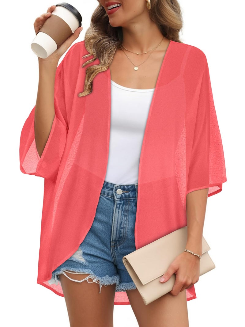 JILUVIN Womens Kimono Cardigans Beach Cover ups Swimwear Puff Sleeve Loose Casual Summer Tops (Pink,L) - Image 1