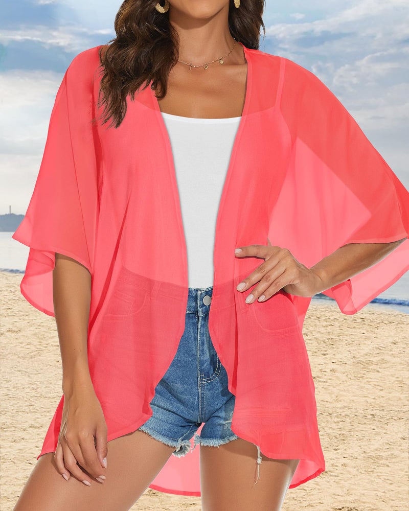JILUVIN Womens Kimono Cardigans Beach Cover ups Swimwear Puff Sleeve Loose Casual Summer Tops (Pink,L) - Image 3