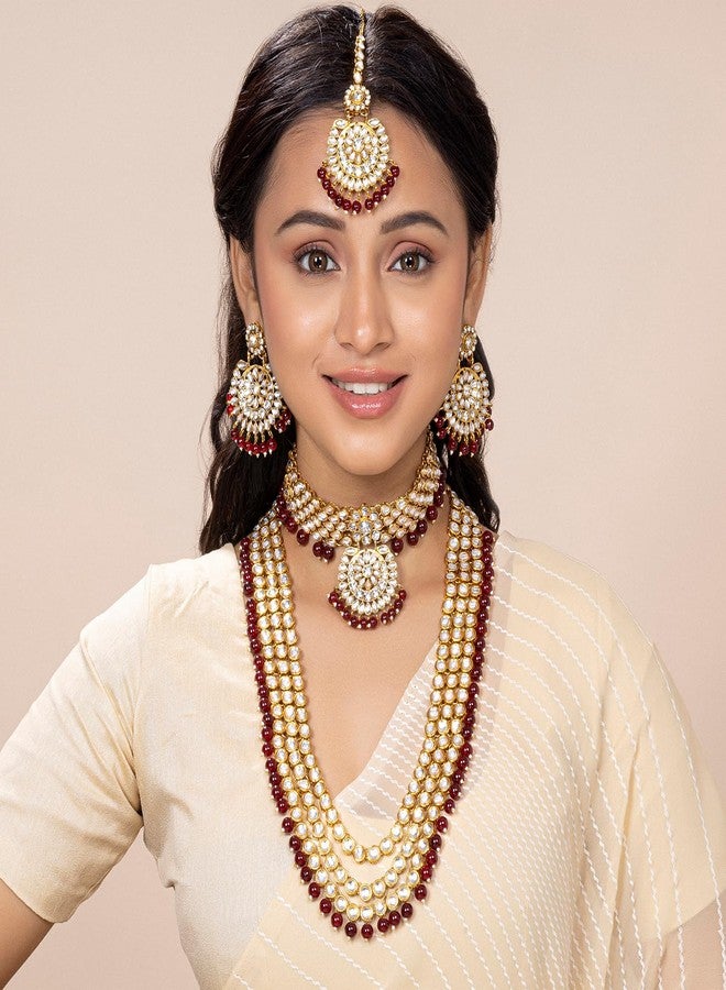 Peora Traditional Gold Plated Kundan Bead Wedding Bridal Long Necklace Choker Earrings Maangtikka Jewellery Set for Women Girls (Maroon) - Image 2
