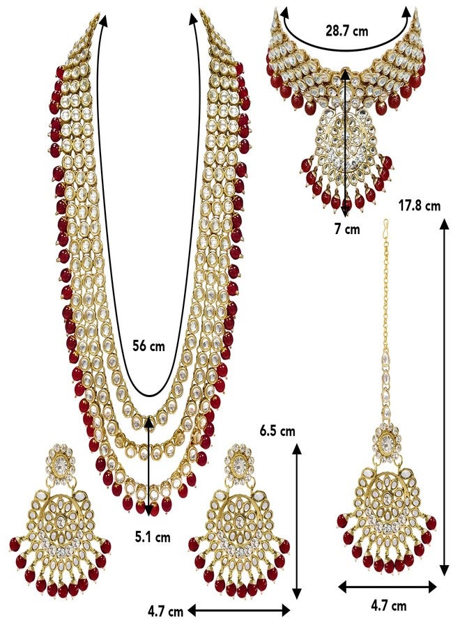 Peora Traditional Gold Plated Kundan Bead Wedding Bridal Long Necklace Choker Earrings Maangtikka Jewellery Set for Women Girls (Maroon) - Image 4