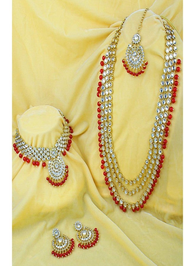 Peora Traditional Gold Plated Kundan Bead Wedding Bridal Long Necklace Choker Earrings Maangtikka Jewellery Set for Women Girls (Maroon) - Image 3