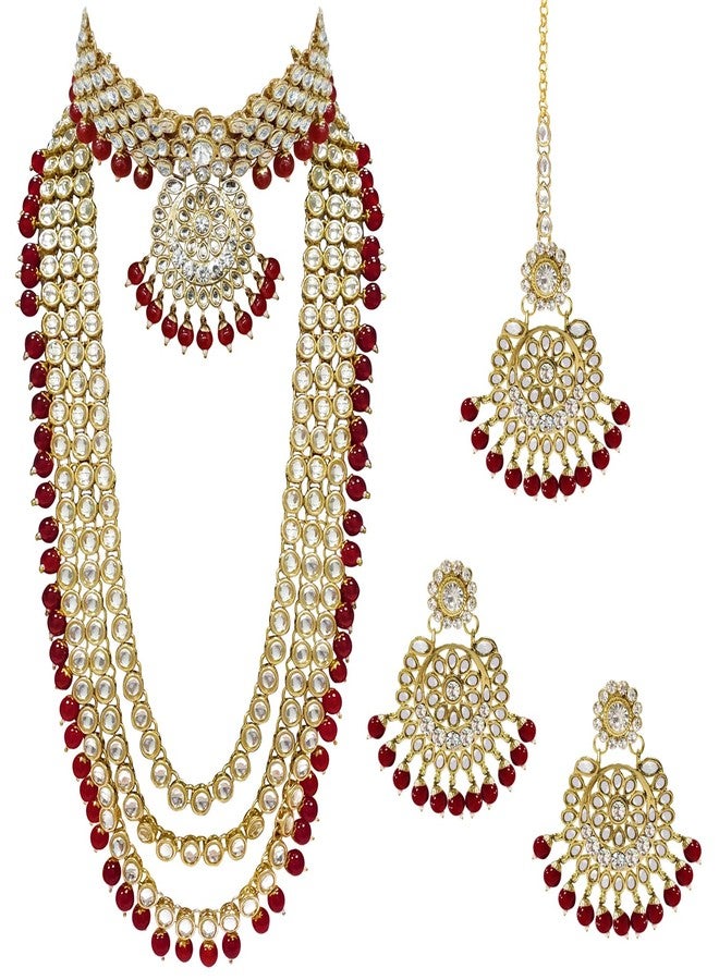 Peora Traditional Gold Plated Kundan Bead Wedding Bridal Long Necklace Choker Earrings Maangtikka Jewellery Set for Women Girls (Maroon) - Image 1
