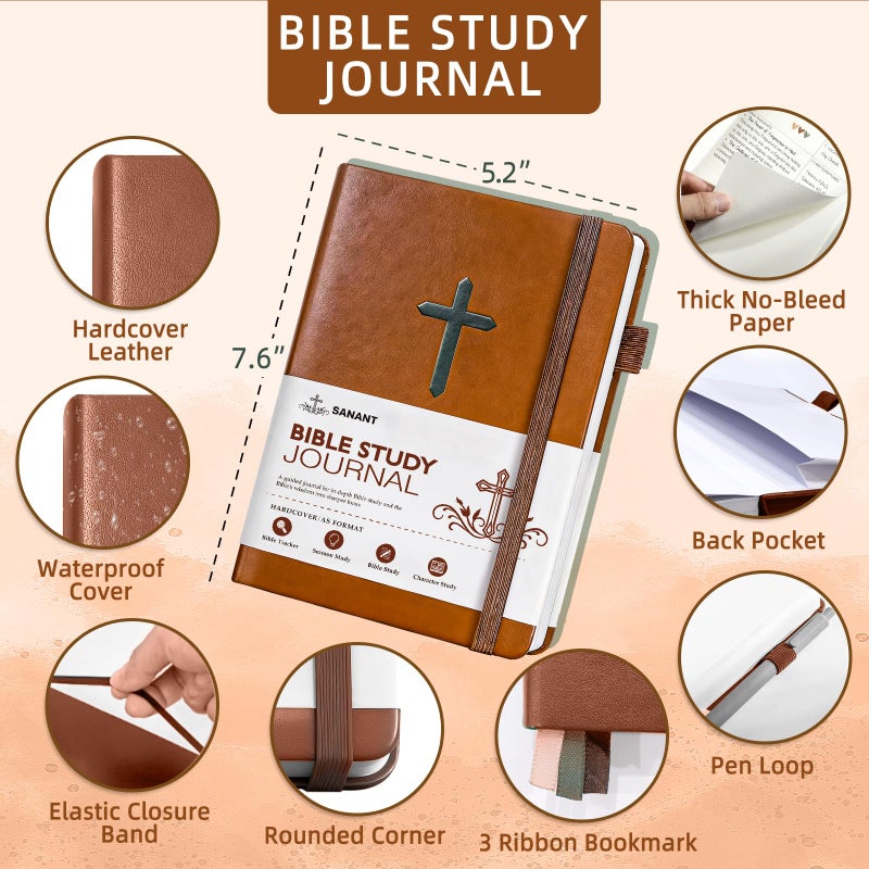 Sanant Bible Study Journal, Leather Christian Bible Church Notes Notebook for Note Taking & Reflection, Guided Bible Study Supplies Faith Based Jesus Religious Gifts, Bible Notebook for Men Women(Brown) - Image 2