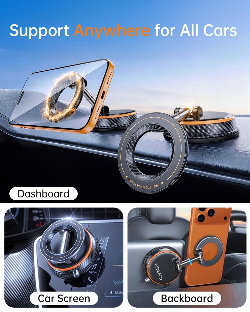 WEKEFON Upgraded Car Phone holder for Magsafe [120LBS Suction Cup & 3000gf Magnet ] 1100Â° Adjustable Vacuum Magnetic Phone Holders for Your Car, Dashboard Car Mount Bracket for iPhone & Android, Carbon Fiber - Image 2