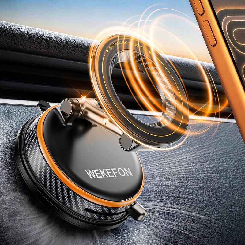 WEKEFON Upgraded Car Phone holder for Magsafe [120LBS Suction Cup & 3000gf Magnet ] 1100Â° Adjustable Vacuum Magnetic Phone Holders for Your Car, Dashboard Car Mount Bracket for iPhone & Android, Carbon Fiber - Image 1