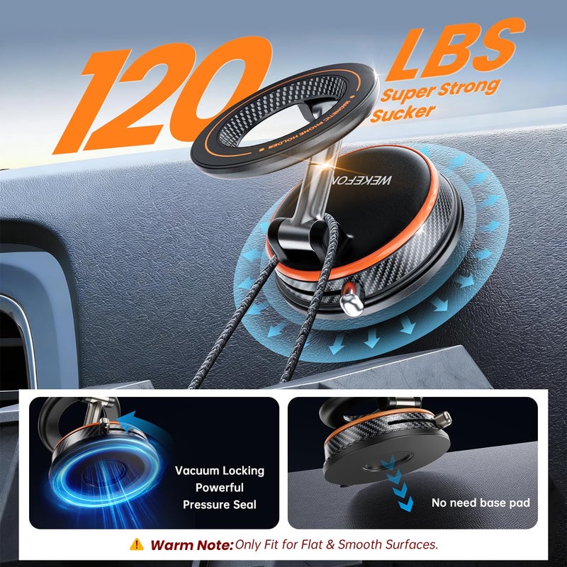 WEKEFON Upgraded Car Phone holder for Magsafe [120LBS Suction Cup & 3000gf Magnet ] 1100Â° Adjustable Vacuum Magnetic Phone Holders for Your Car, Dashboard Car Mount Bracket for iPhone & Android, Carbon Fiber - Image 4