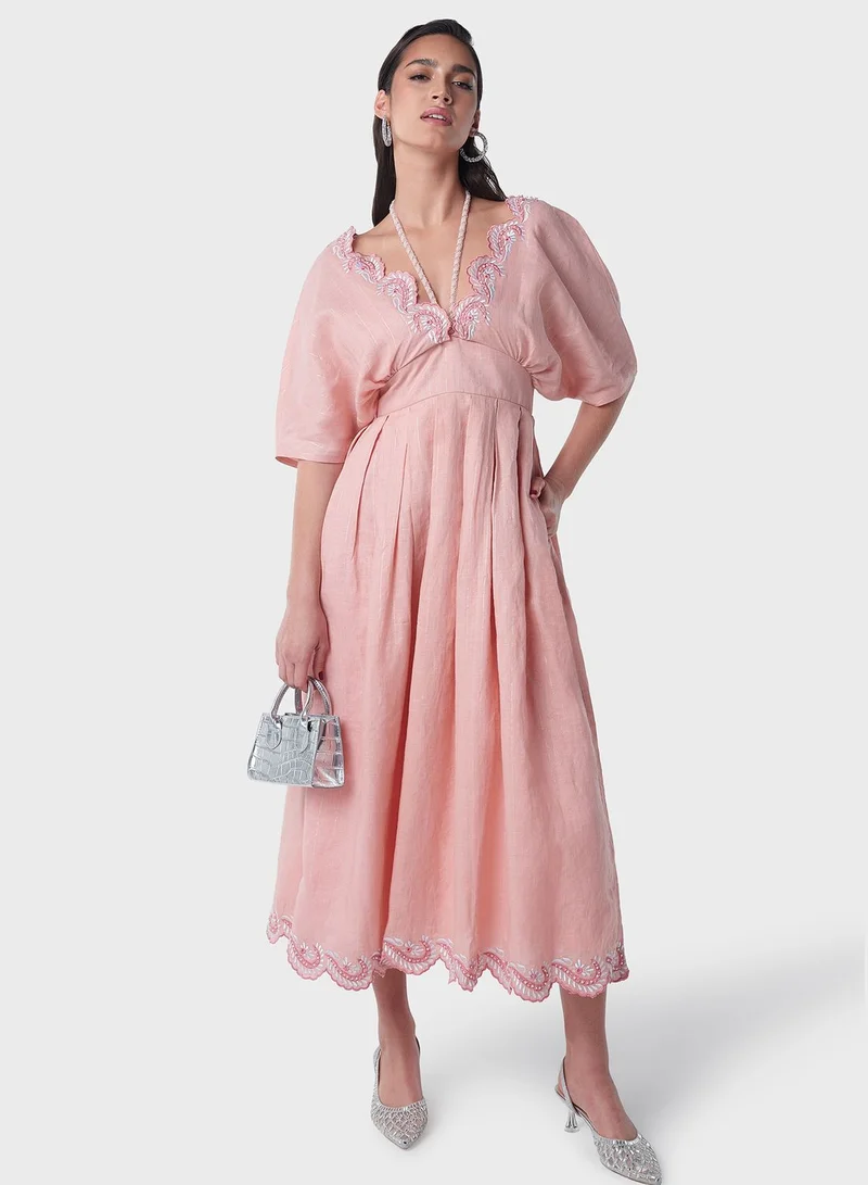 Threadz by Ajooni Embroidered Linen Midi Dress