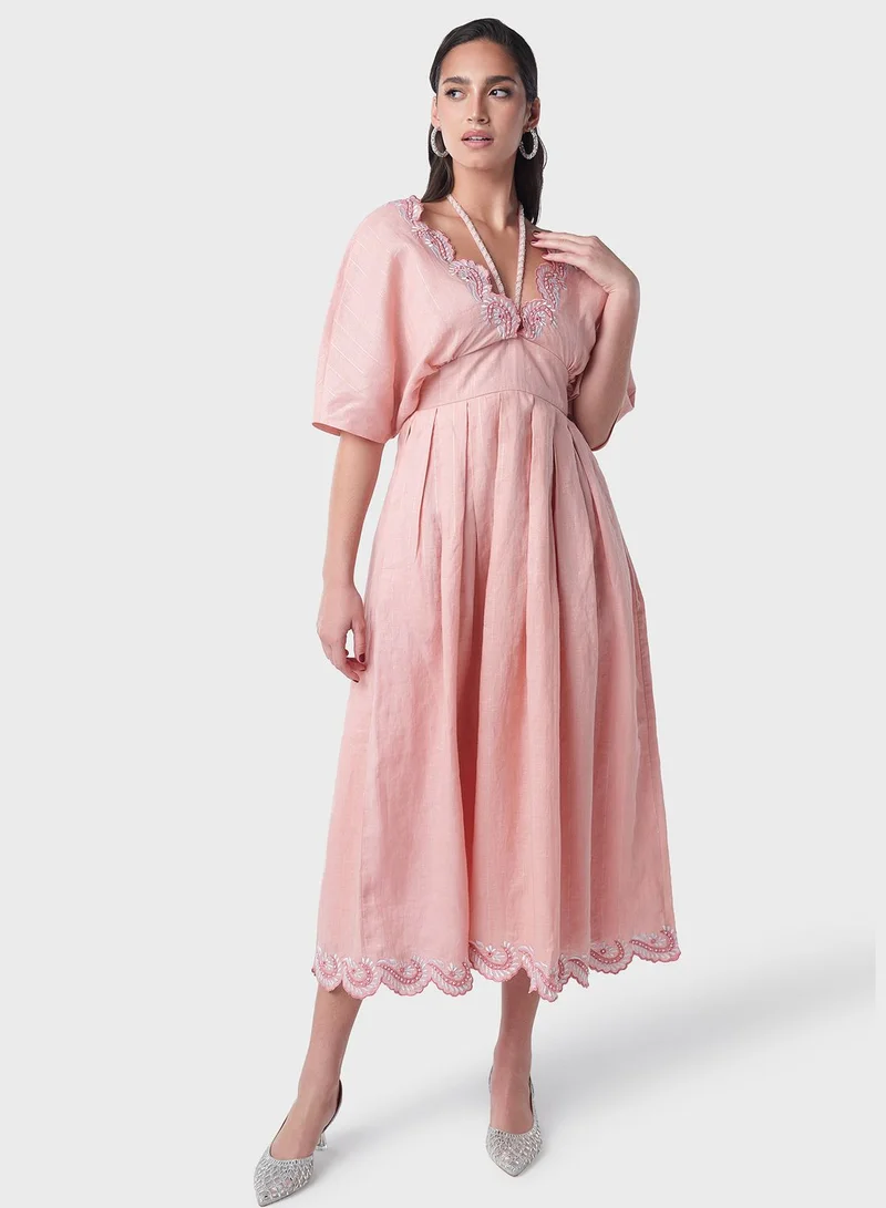 Threadz by Ajooni Embroidered Linen Midi Dress