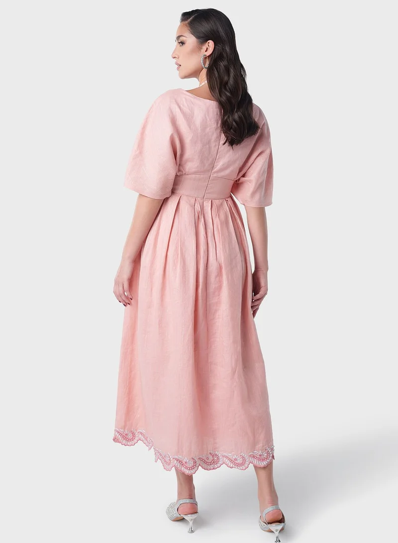 Threadz by Ajooni Embroidered Linen Midi Dress