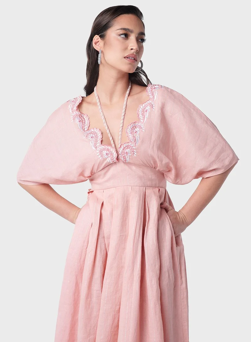 Threadz by Ajooni Embroidered Linen Midi Dress