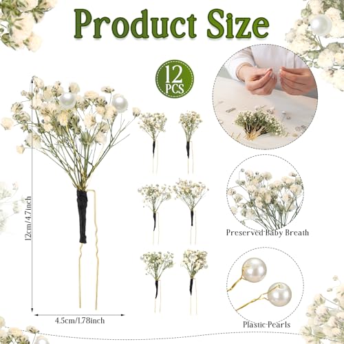Daifunli 12 Pcs Babys Breath Hair Pins for Wedding Bridal Shower Dried Flower Accessories Hair Pins with Pearl for Brides Bridesmaid Women Girls - Image 3