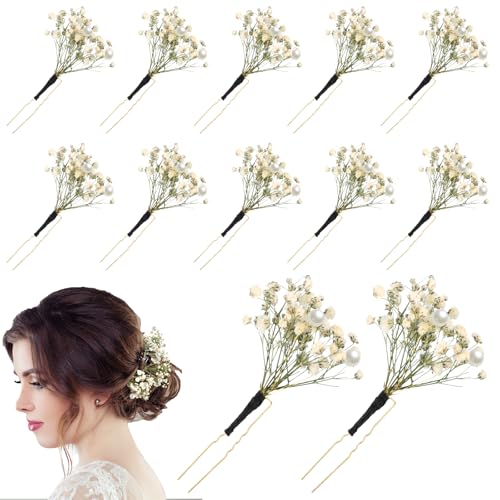 Daifunli 12 Pcs Babys Breath Hair Pins for Wedding Bridal Shower Dried Flower Accessories Hair Pins with Pearl for Brides Bridesmaid Women Girls - Image 1
