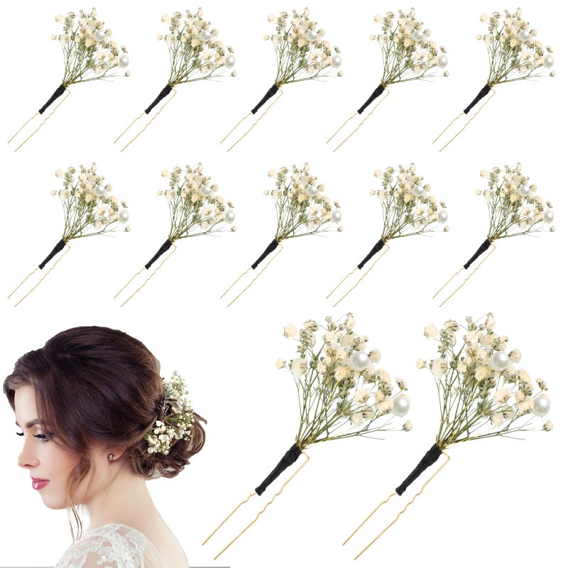 Daifunli 12 Pcs Babys Breath Hair Pins for Wedding Bridal Shower Dried Flower Accessories Hair Pins with Pearl for Brides Bridesmaid Women Girls - Image 2