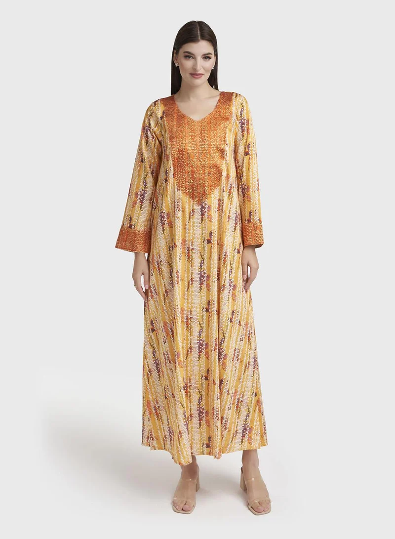 كشخة Mustard Cotton Satin Abstract Print Jalabiya (VG2900)