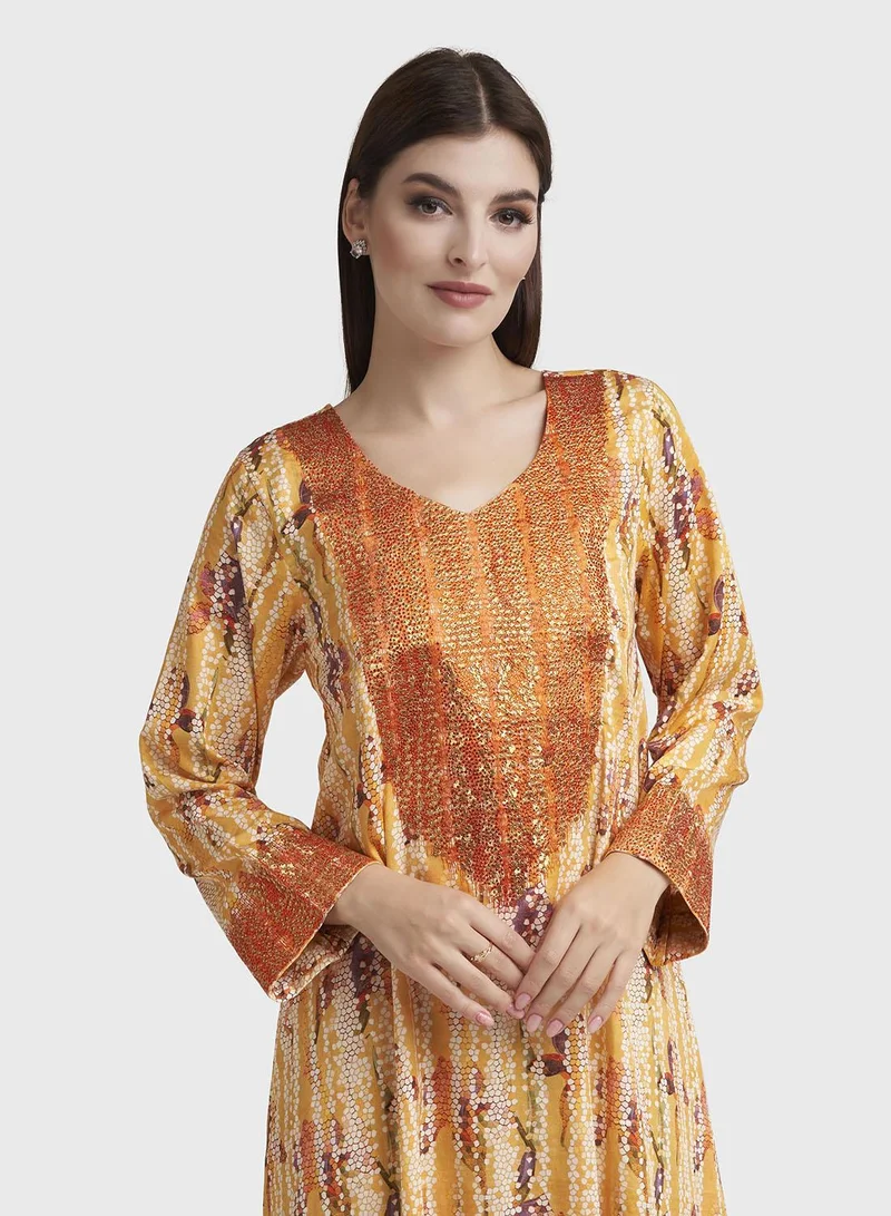 كشخة Mustard Cotton Satin Abstract Print Jalabiya (VG2900)