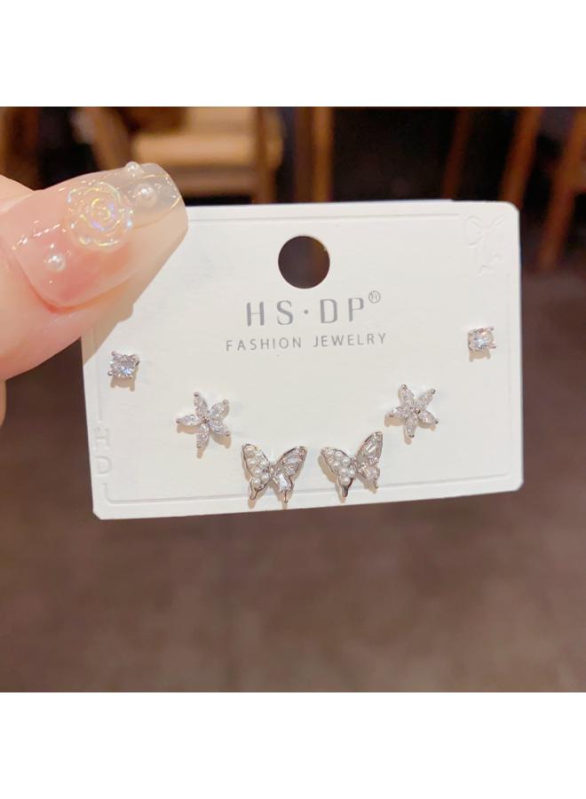 S925 Silver Needle Micro Inlaid Zircon Short Earrings Short Hair Earrings And Korean Elegant All-match Simple Three-piece Set Earrings For Women 