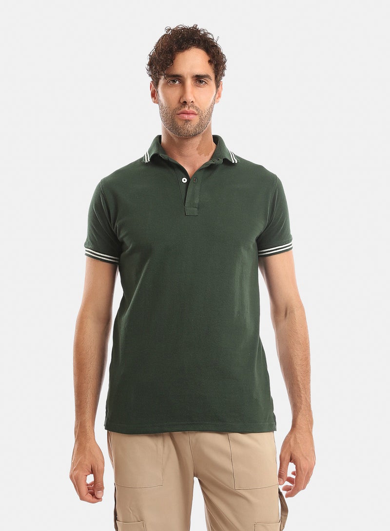 Andora Lined Sleeves & Collar Buttoned Polo Shirt - Dark Olive - Image 1