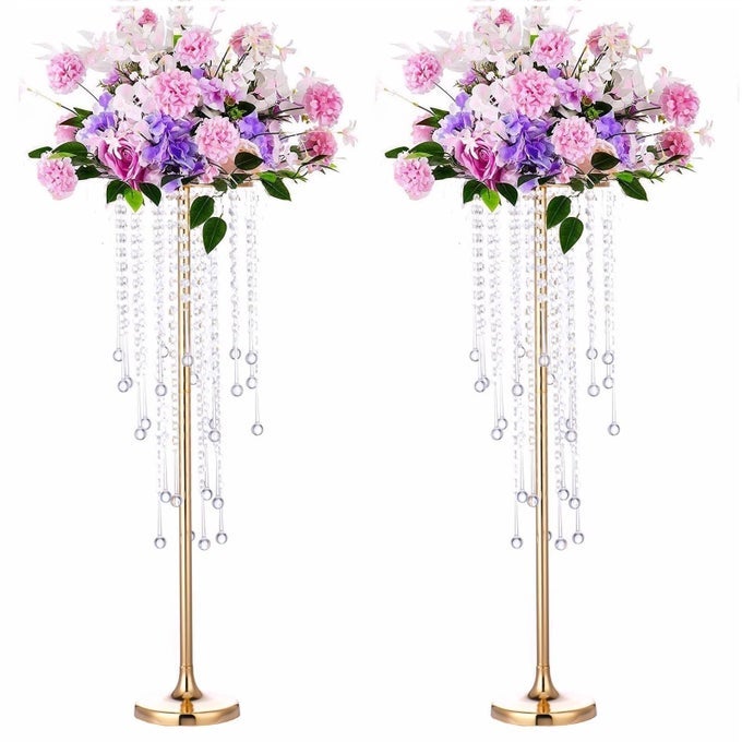 295IN ELEGANT TALL GOLD WEDDING CENTERPIECE STAND 2PCS METAL FLOWER CANDLE HOLDER WITH SPARKLING CRYSTAL BEADSFOR WEDDING PARTY EVENT BIRTHDAYRECEPTION HOME DCOR