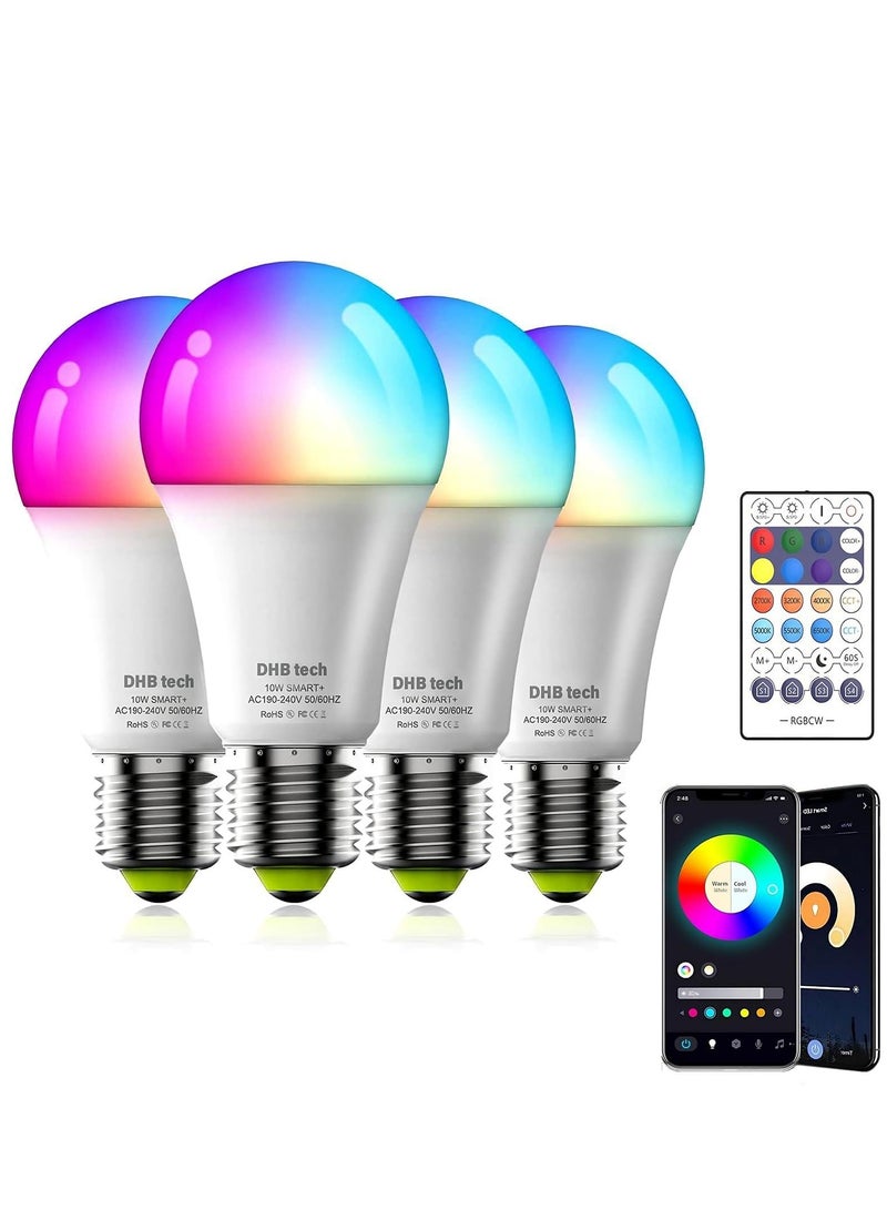 أرابايت مصباح ذكي، مصباح LED WiFi ذكي 10 وات، مصباح RGB متغير الألوان، يدعم التحكم عن بعد عبر التطبيق، والتحكم الصوتي، والتشغيل عن بعد، مصباح E27 قابل للربط، لا يحتاج إلى بوابة (عبوة من 4 قطع) - Image 1