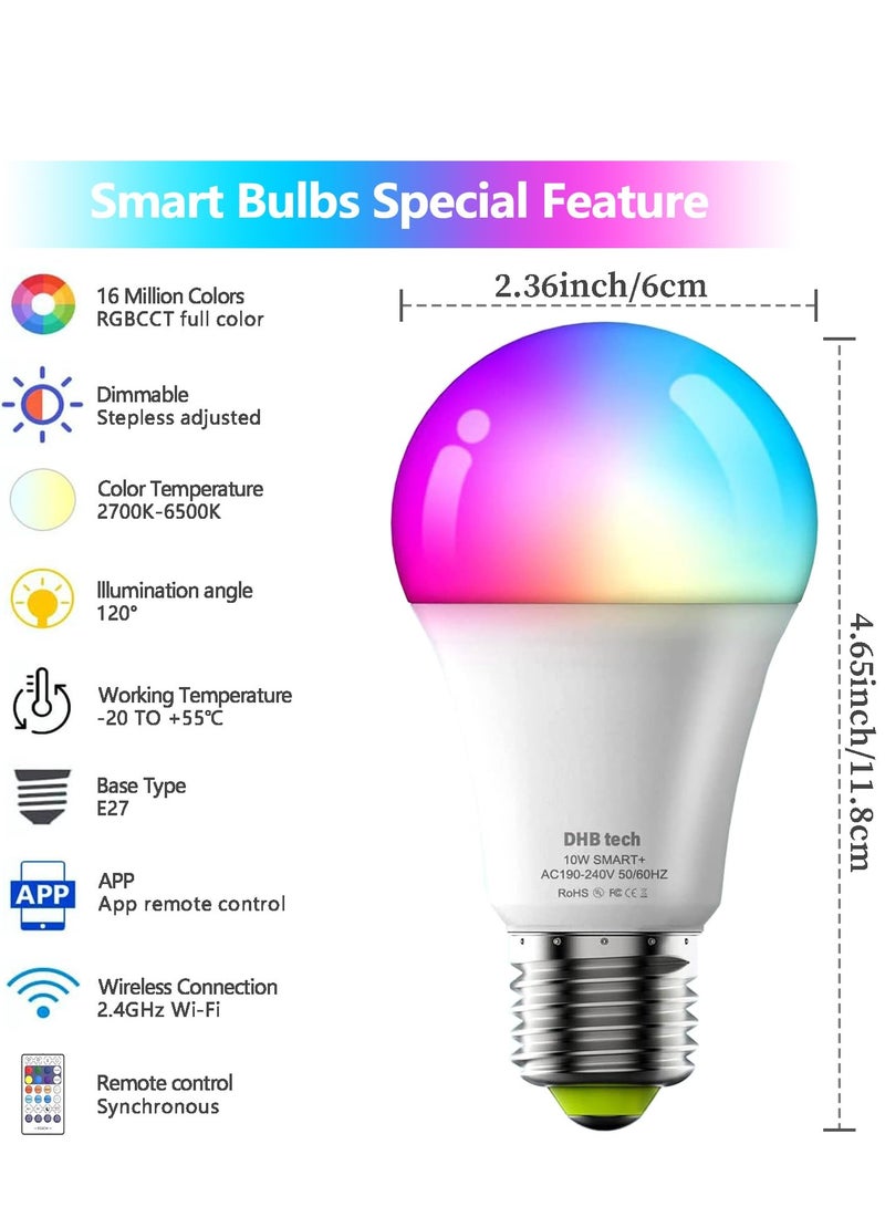 أرابايت مصباح ذكي، مصباح LED WiFi ذكي 10 وات، مصباح RGB متغير الألوان، يدعم التحكم عن بعد عبر التطبيق، والتحكم الصوتي، والتشغيل عن بعد، مصباح E27 قابل للربط، لا يحتاج إلى بوابة (عبوة من 4 قطع) - Image 2