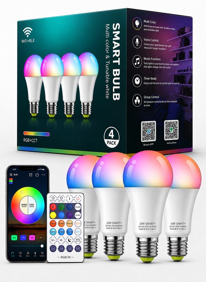 10W Smart WiFi & Bluetooth LED Bulb – Dimmable RGB (16 Million Colors), Compatible with Google Home & Alexa, Multiple Modes, Energy-Saving, E27 Smart Bulb - Image 1