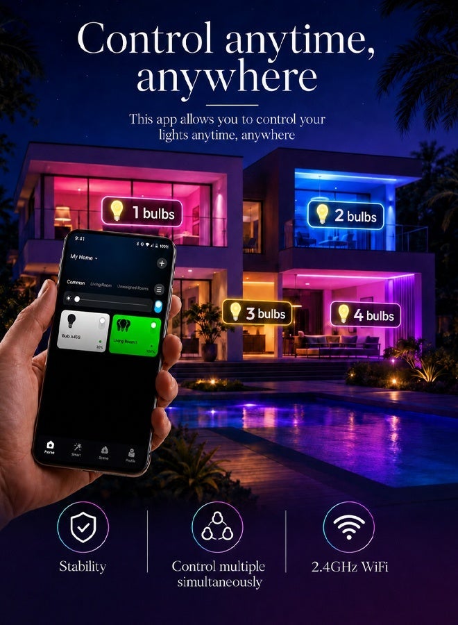 10W Smart WiFi & Bluetooth LED Bulb – Dimmable RGB (16 Million Colors), Compatible with Google Home & Alexa, Multiple Modes, Energy-Saving, E27 Smart Bulb - Image 2