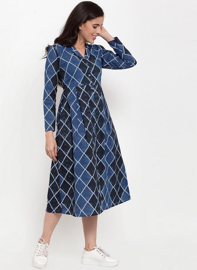 Indibelle Women Blue Printed Shirt Dress with Flared Hem and Three-Quarter Sleeves - Image 3