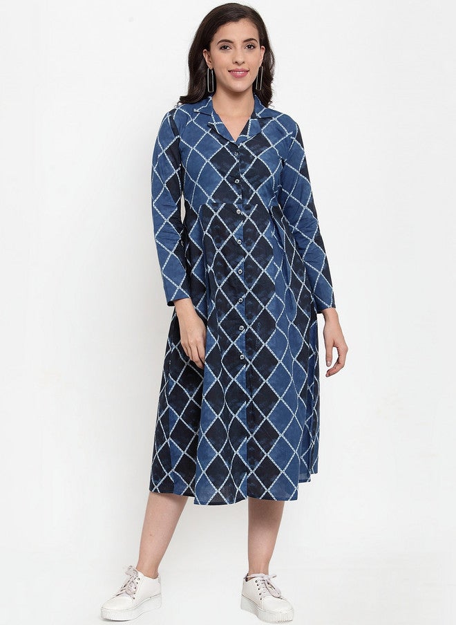 Indibelle Women Blue Printed Shirt Dress with Flared Hem and Three-Quarter Sleeves - Image 1