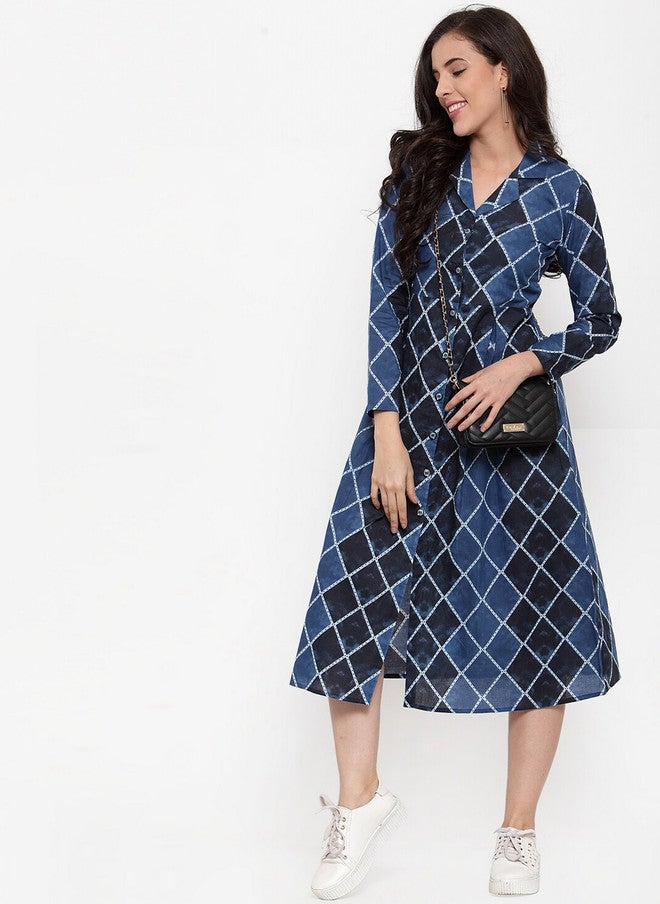 Indibelle Women Blue Printed Shirt Dress with Flared Hem and Three-Quarter Sleeves - Image 5
