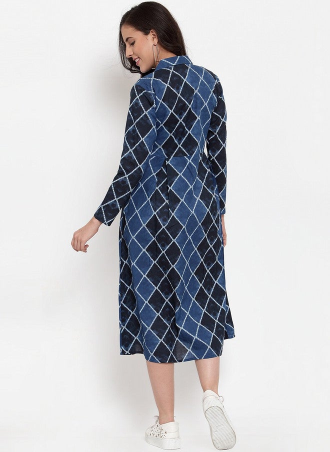 Indibelle Women Blue Printed Shirt Dress with Flared Hem and Three-Quarter Sleeves - Image 4