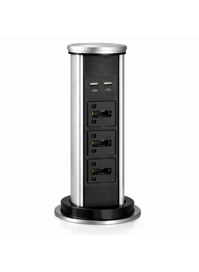 CZEN ELECTRIC Retractable Pop-Up Desk Power Tower, 3 Universal Sockets with USB Charging, Built-in Table Power Solution for Office, Kitchen & Workspace - Image 1