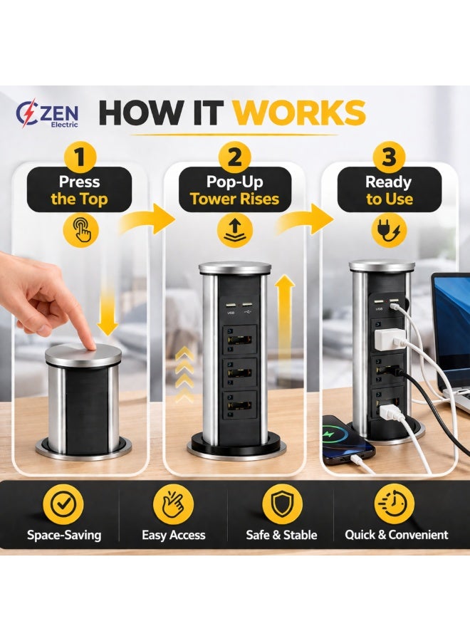 CZEN ELECTRIC Retractable Pop-Up Desk Power Tower, 3 Universal Sockets with USB Charging, Built-in Table Power Solution for Office, Kitchen & Workspace - Image 3