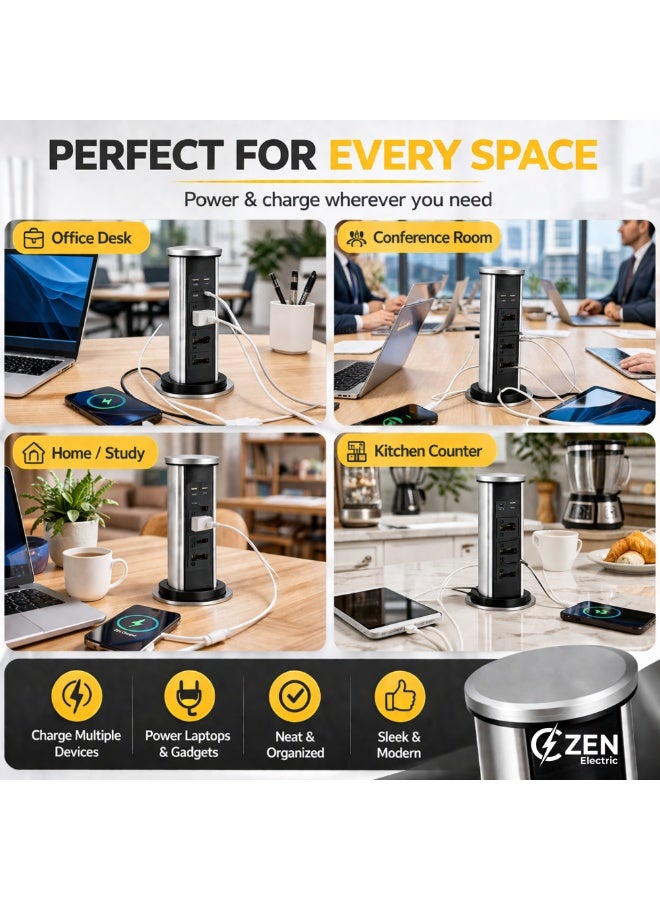 CZEN ELECTRIC Retractable Pop-Up Desk Power Tower, 3 Universal Sockets with USB Charging, Built-in Table Power Solution for Office, Kitchen & Workspace - Image 4