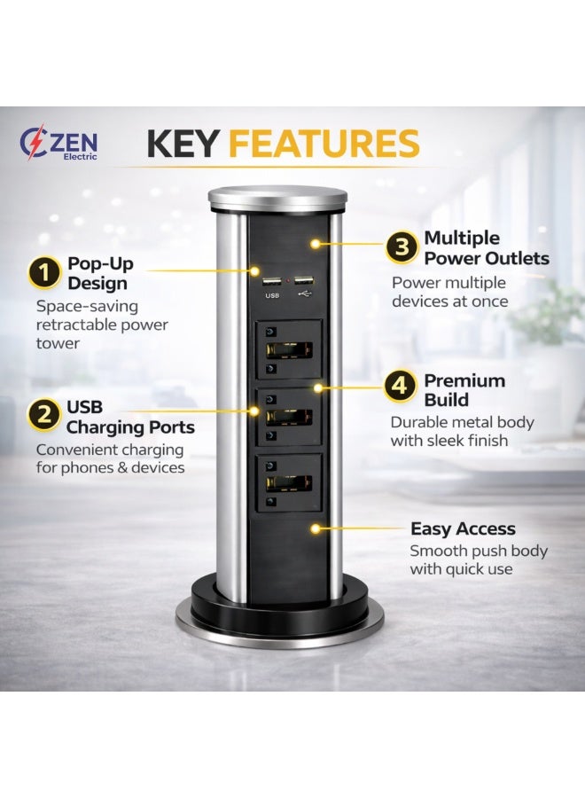 CZEN ELECTRIC Retractable Pop-Up Desk Power Tower, 3 Universal Sockets with USB Charging, Built-in Table Power Solution for Office, Kitchen & Workspace - Image 2