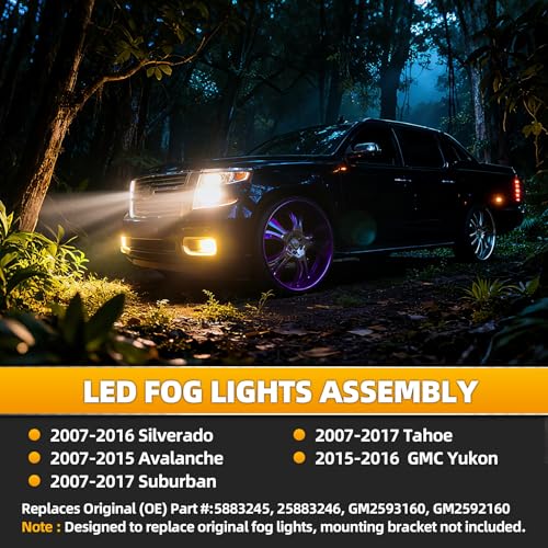Riasdy Upgrade 2PCS Yellow LED Fog Lights for 2007 2008 2009 2010 2011 2012 2013 2014 2015 2016 Silverado 2007-2015 Suburban Fog Lamp Accessories Tahoe 2007-2013 Avalanche GMC Yukon led fog light assembly - Image 2