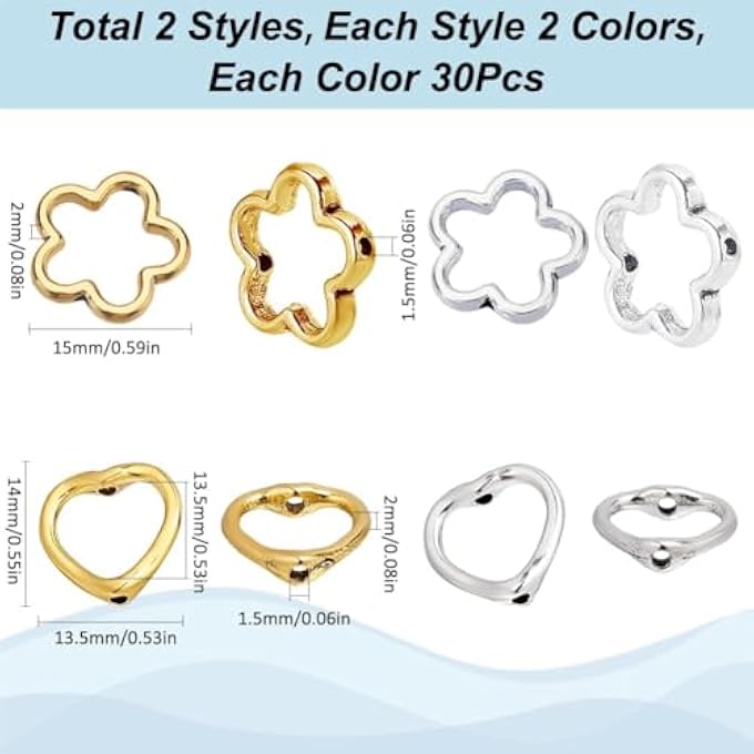 STRBOXONG 120PCS FLOWER BEAD FRAMES, 4 STYLES METAL BEAD FRAME WITH DOUBLE HOLES, TIBETAN STYLE ALLOY HEART BLOSSOM LINK CONNECTORS FOR JEWELRY MAKING, EARRING AND DIY CRAFT ACCESSORY - Image 3
