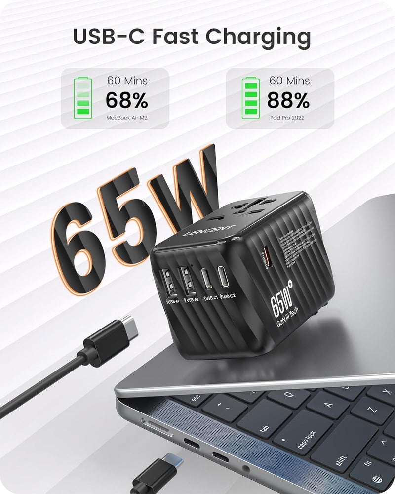 International Travel Adapter, 65W GaN3 Universal Fast Charger with 2 USB A + 3 Type C PD, Worldwide Power Adaptor for Phones,Laptops, All in One Travel Essentials for EU/USA/UK/AU, Black - Image 2