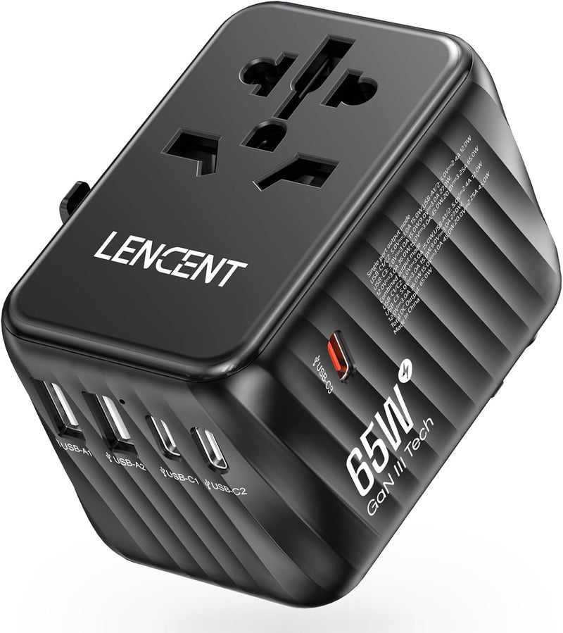 International Travel Adapter, 65W GaN3 Universal Fast Charger with 2 USB A + 3 Type C PD, Worldwide Power Adaptor for Phones,Laptops, All in One Travel Essentials for EU/USA/UK/AU, Black - Image 1