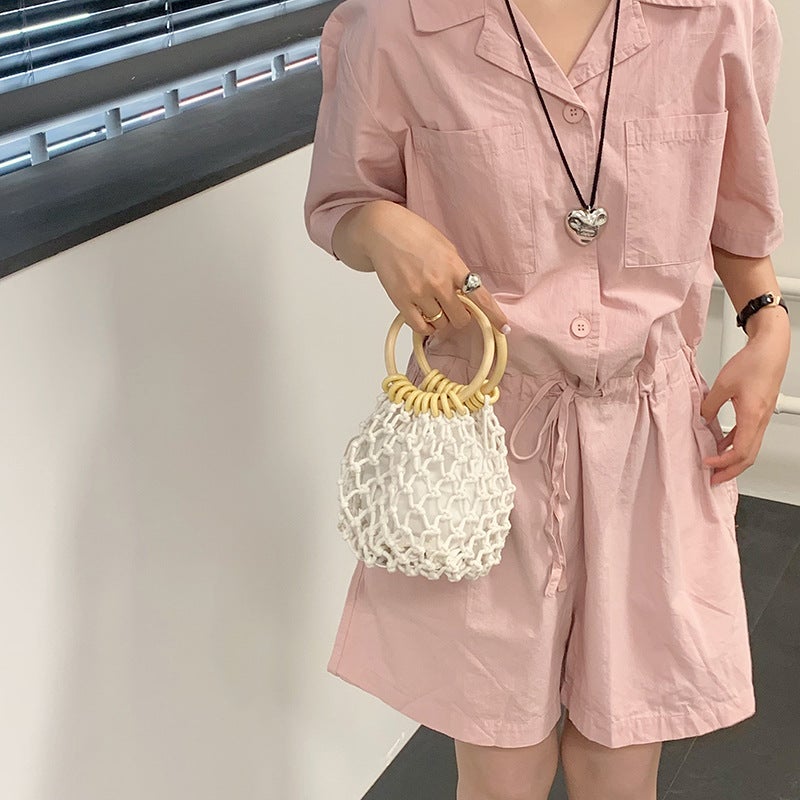 New Hollow Woven Bucket Bag with Wooden Ring Handle - Cotton Linen Beach Drawstring Bag