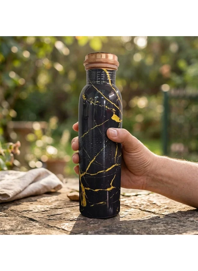 Mobcos Mobcos Black Gold Elegance Copper Water Bottle 1 Ltr, 99% Pure Copper Bottle with Leakproof Screw Cap, Handmade Marbled Design, Reusable Water Bottle for Home, Office & Travel