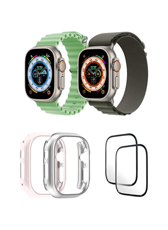 IAF Silicone Ocean Band Strap for iWatch Ultra 8 49mm,Nylon G-hook Loop Buckle Watch Strap Mint Green/Dark Green , Case Compatible with iWatch Ultra 49mm Pink/Silver ,2* pcs Watch glass Set of 6