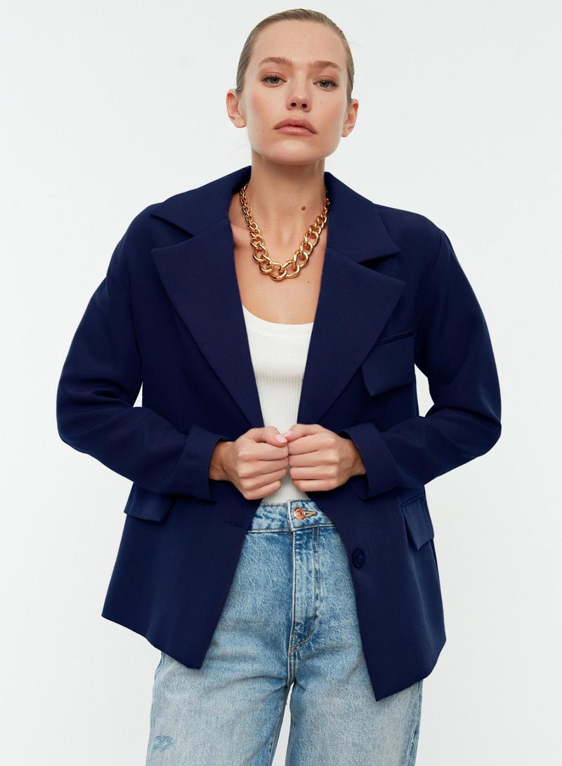 trendyol Navy Blue Oversize Lined Woven Blazer Jacket TWOSS22CE0077 - Image 3