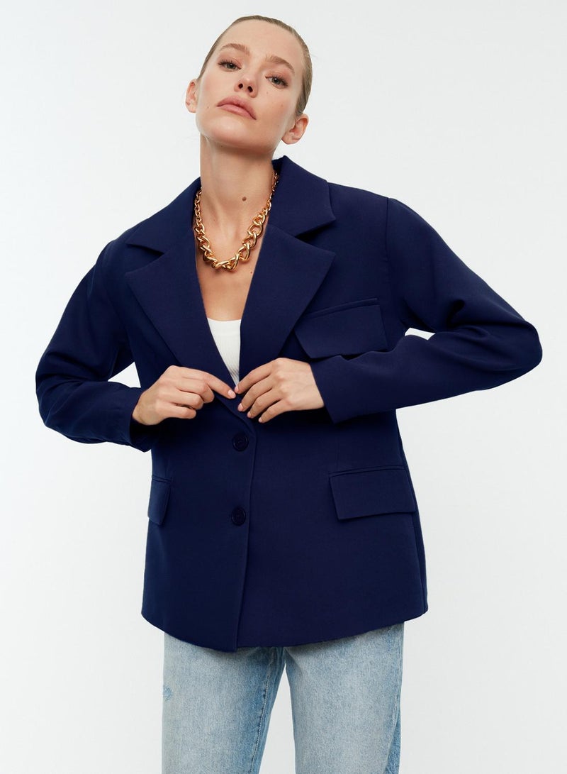 trendyol Navy Blue Oversize Lined Woven Blazer Jacket TWOSS22CE0077 - Image 1