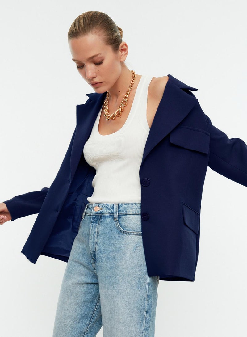 trendyol Navy Blue Oversize Lined Woven Blazer Jacket TWOSS22CE0077 - Image 2