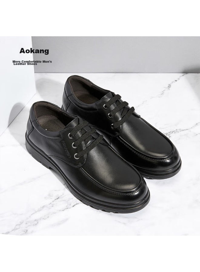 Aokang Men's Shoes, Business Casual Shoes, British Style Comfortable Low-top Round Toe Lace-up Leather Shoes, Black, Size 44 - Image 1