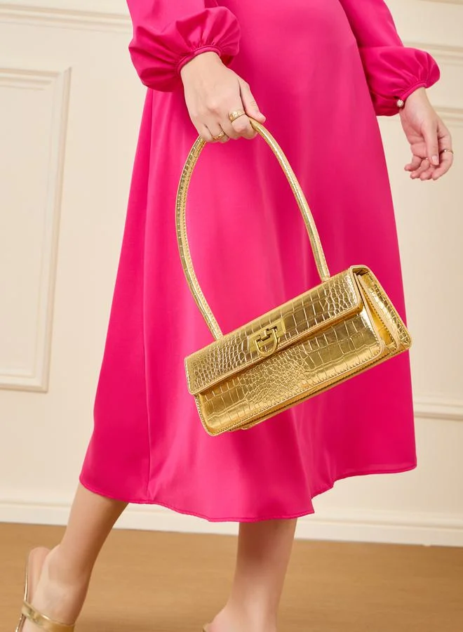 Styli Textured Flap Over Rectangle Bag with Push Lock