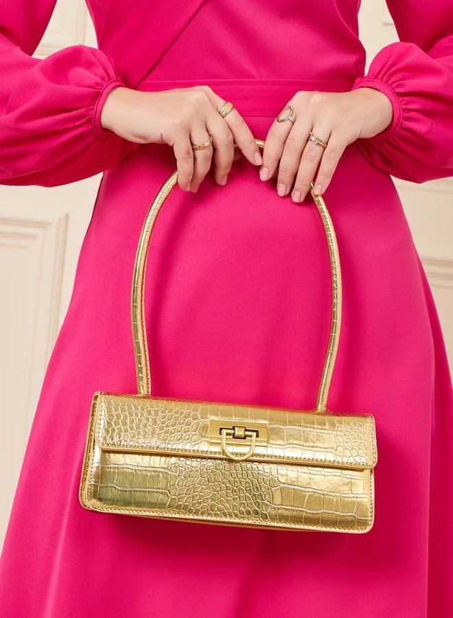 Styli Textured Flap Over Rectangle Bag with Push Lock