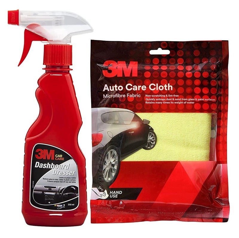 3M Combo of AS Dashboard Dresser (250 ml Spray) and Cloth | Restore Gloss on Dashboard and Other Plastic Parts | Protection from UV Rays & Fading - Image 1
